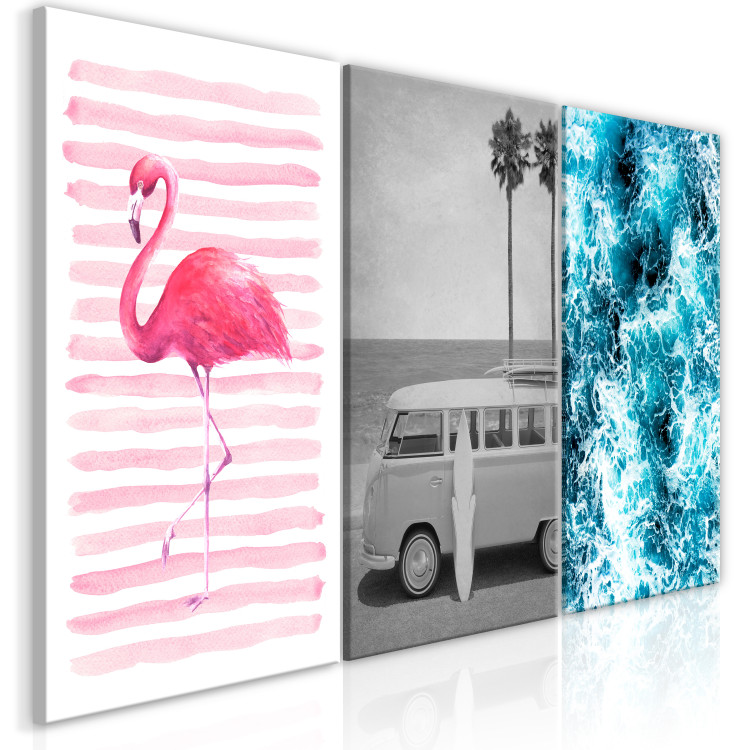 Canvas Miami symbols - flamingo, old car - van, surfboard and ocean 117101 additionalImage 2