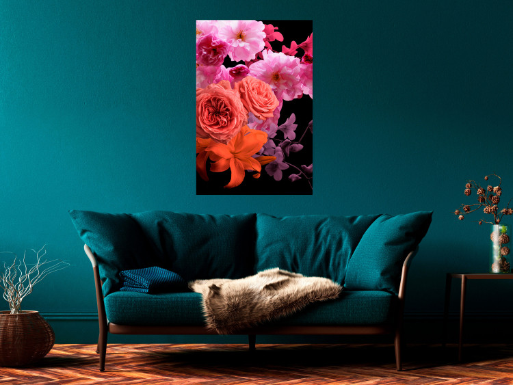 Poster Spring Breeze - botanical composition with pink flowers on a black background 118401 additionalImage 25