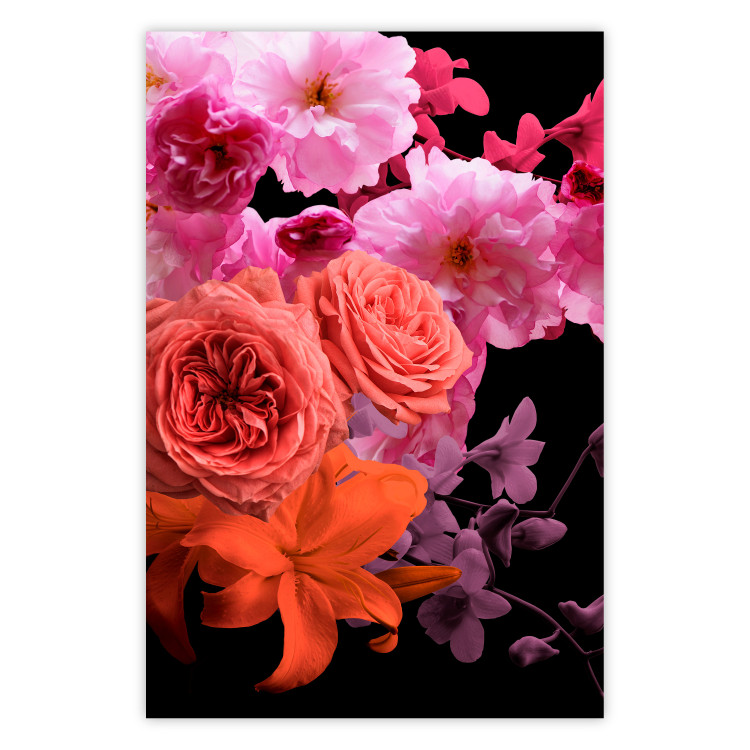 Poster Spring Breeze - botanical composition with pink flowers on a black background 118401