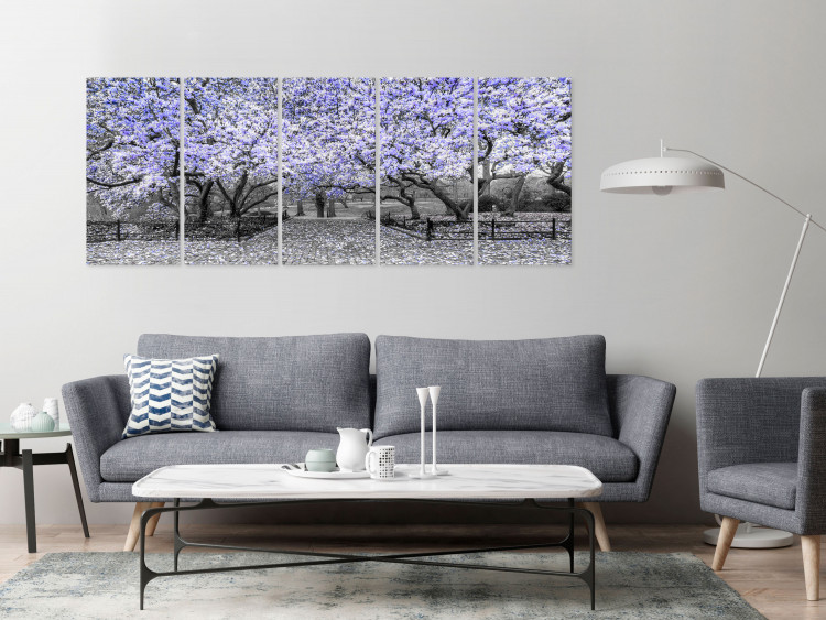 Canvas Art Print Blooming magnolia trees - black and white photo with a purple accent 123101 additionalImage 3