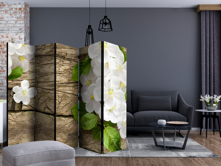 Room Divider Raw Beauty II - white flowers with green leaves on a wooden background 134001 additionalImage 4