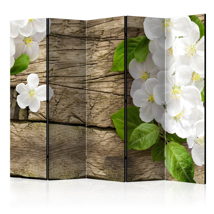 Room Divider Raw Beauty II - white flowers with green leaves on a wooden background 134001