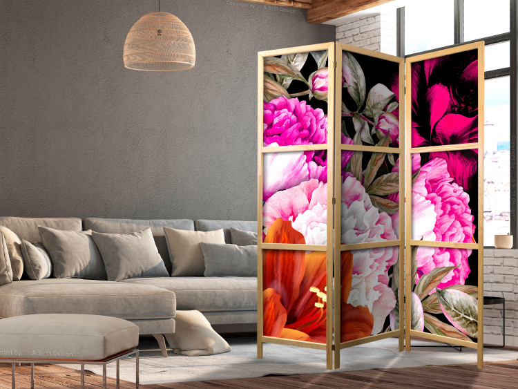 Room Divider Luxuriant Summer (3-piece) - composition of colorful flowers on a black background 134301 additionalImage 6