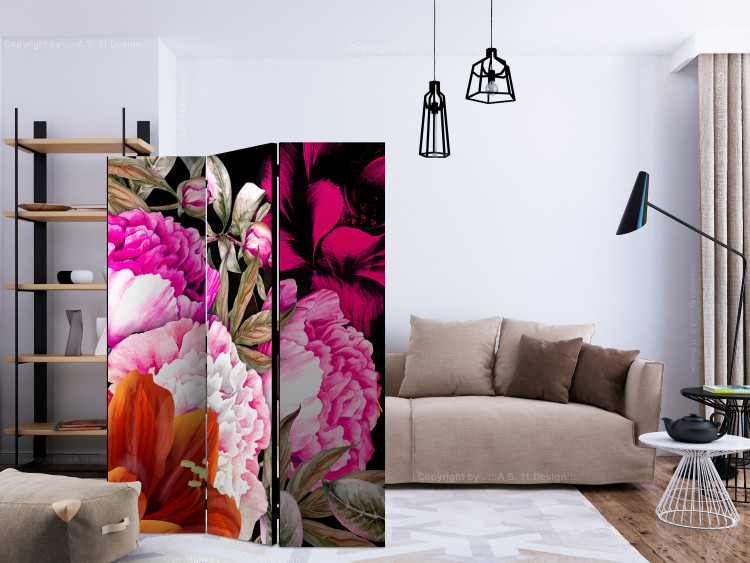 Room Divider Luxuriant Summer (3-piece) - composition of colorful flowers on a black background 134301 additionalImage 4