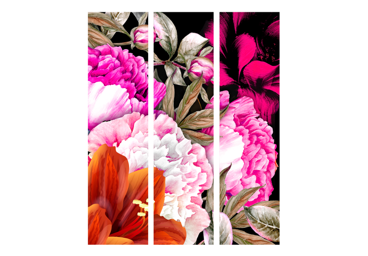 Room Divider Luxuriant Summer (3-piece) - composition of colorful flowers on a black background 134301 additionalImage 3