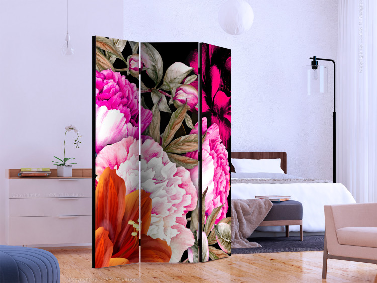 Room Divider Luxuriant Summer (3-piece) - composition of colorful flowers on a black background 134301 additionalImage 2
