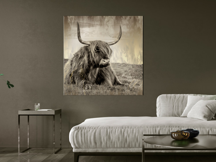 Canvas Art Print Rest in the Meadow (1-piece) Square - bull amidst nature in sepia 134701 additionalImage 3