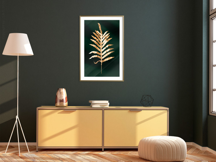 Wall Poster Leaf of Happiness - golden plant composition on a dark green background 135601 additionalImage 24