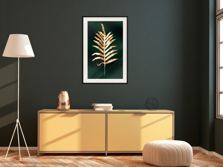Wall Poster Leaf of Happiness - golden plant composition on a dark green background 135601 additionalImage 21