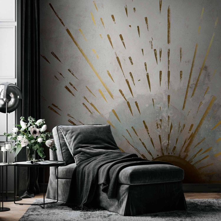 Wall Mural Golden face of the rising Sun - abstraction on a gray background 137501
