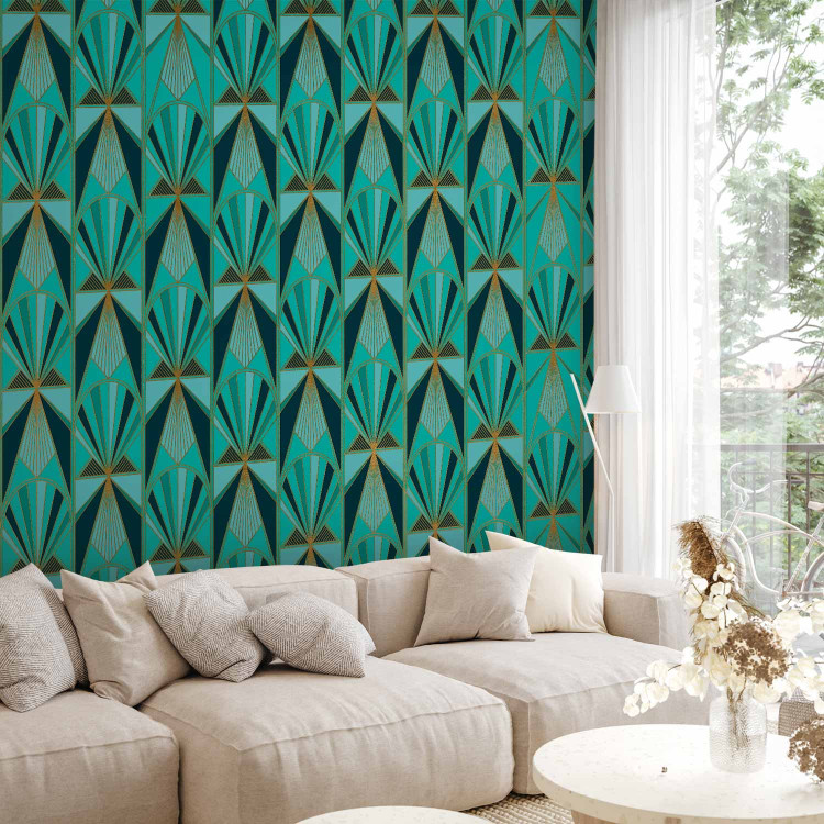 Photo Wallpaper Green abstraction - colourful patterns in gold frame in art deco style 143201
