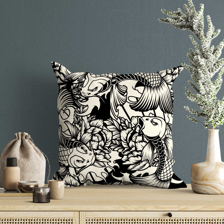 Decorative Microfiber Pillow Fish and Flowers - Black and White Linear Composition With Koi Carp 151301 additionalImage 2