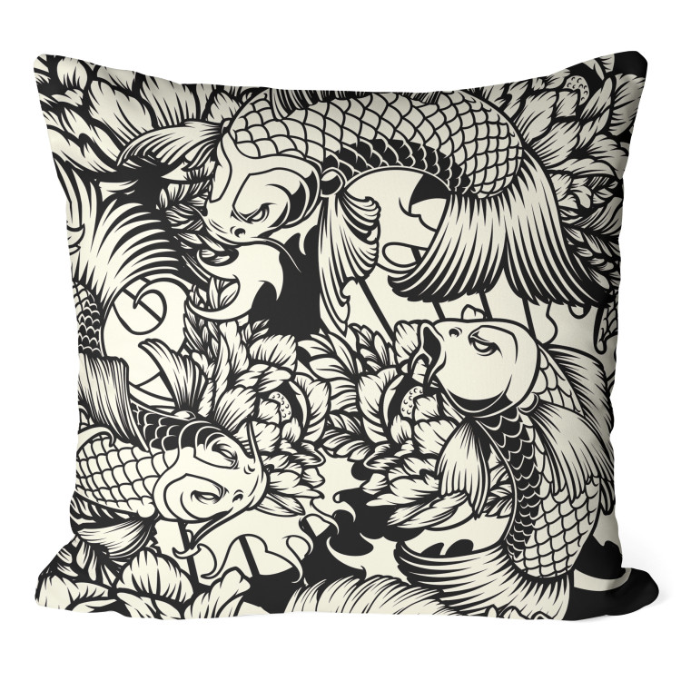 Decorative Microfiber Pillow Fish and Flowers - Black and White Linear Composition With Koi Carp 151301