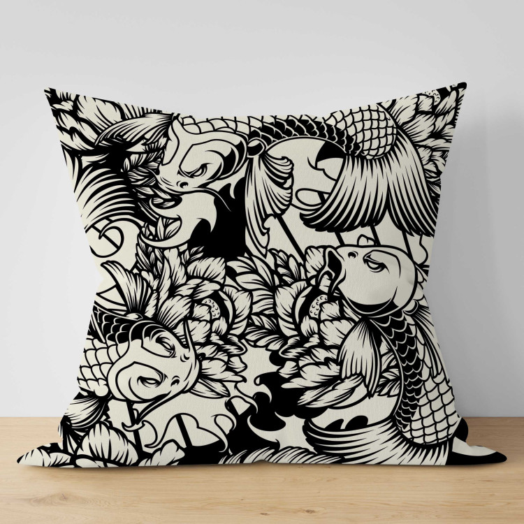 Decorative Microfiber Pillow Fish and Flowers - Black and White Linear Composition With Koi Carp 151301 additionalImage 5