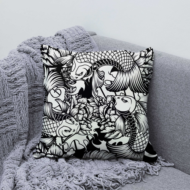 Decorative Microfiber Pillow Fish and Flowers - Black and White Linear Composition With Koi Carp 151301 additionalImage 4