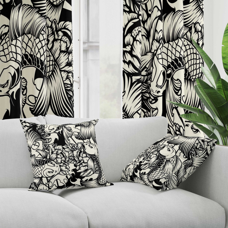 Decorative Microfiber Pillow Fish and Flowers - Black and White Linear Composition With Koi Carp 151301 additionalImage 3
