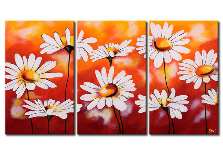 Canvas Daisies (3-piece) - Flower composition on a summer-coloured background 48601