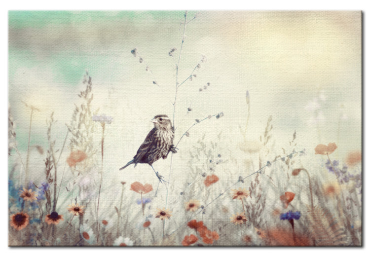 Canvas Art Print Wild Meadow (1-piece) - Bird amid Colorful Spring Flowers 92701
