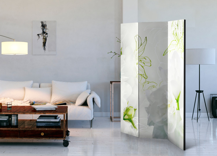 Folding Screen Jasmine - romantic lily flower with green details on a white background 95601 additionalImage 2