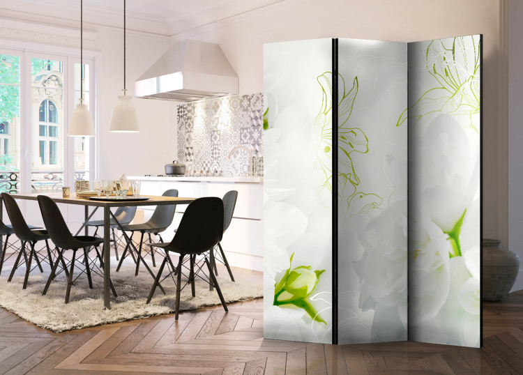 Folding Screen Jasmine - romantic lily flower with green details on a white background 95601 additionalImage 4