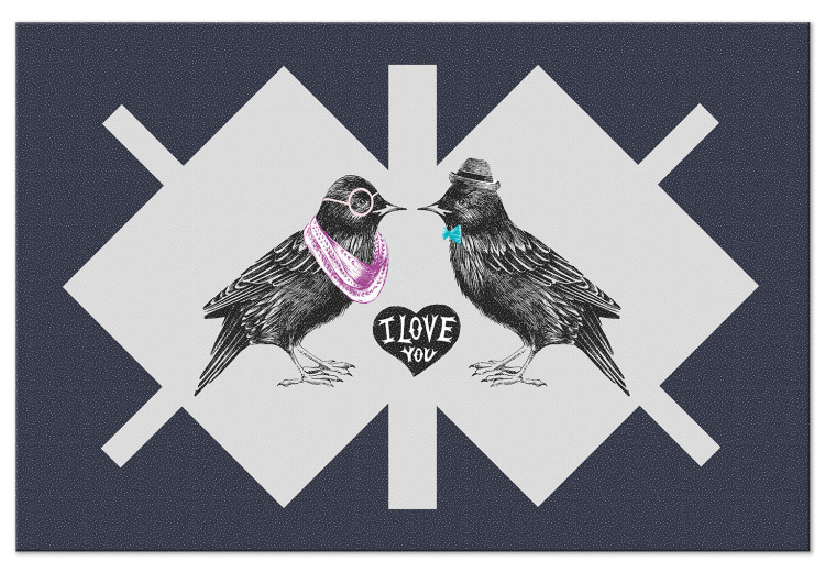 Canvas Starlings in love - elegant black birds on a geometric background 117611