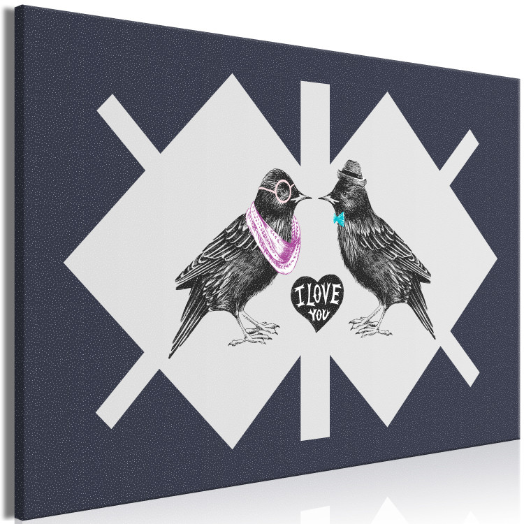 Canvas Starlings in love - elegant black birds on a geometric background 117611 additionalImage 2