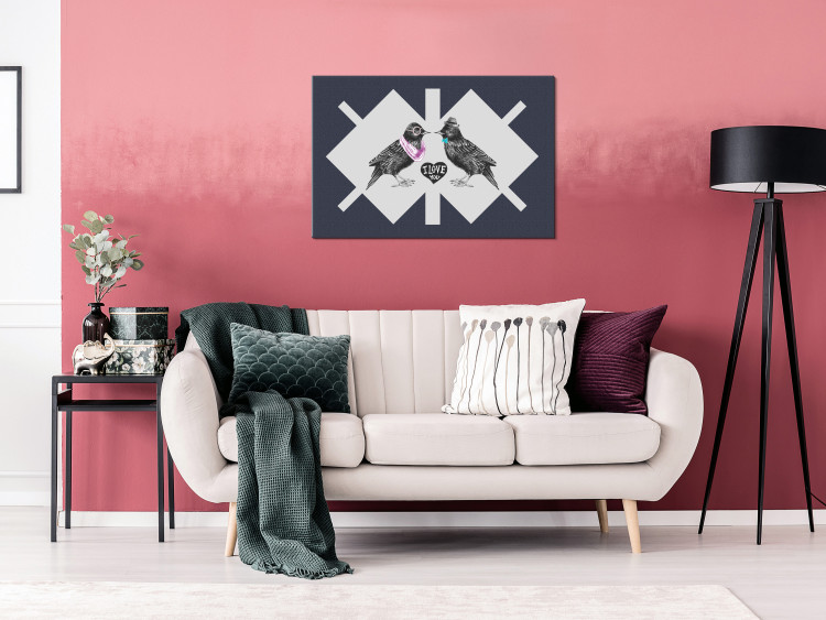 Canvas Starlings in love - elegant black birds on a geometric background 117611 additionalImage 3