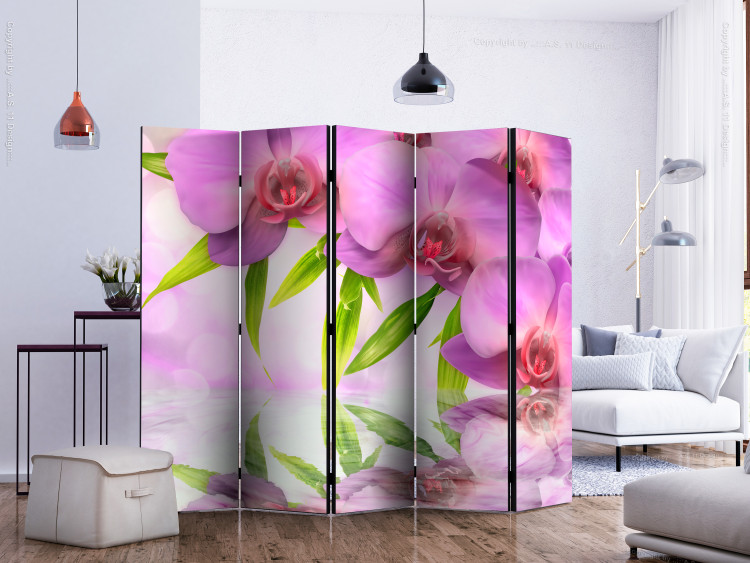 Room Separator Orchid Spa II (5-piece) - pink flowers and leaves on the water surface 124211 additionalImage 2