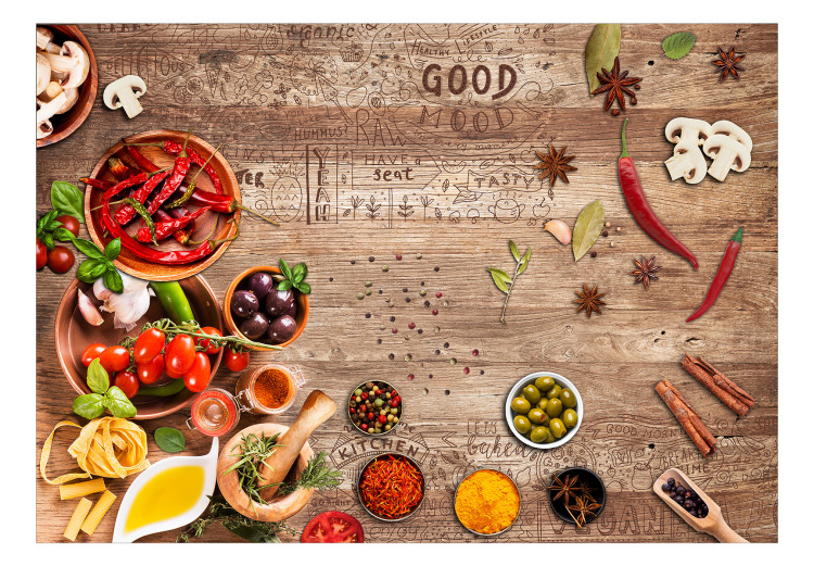 Wall Mural Culinary fusion - colourful vegetables and English lettering on a wood background 126811 additionalImage 1