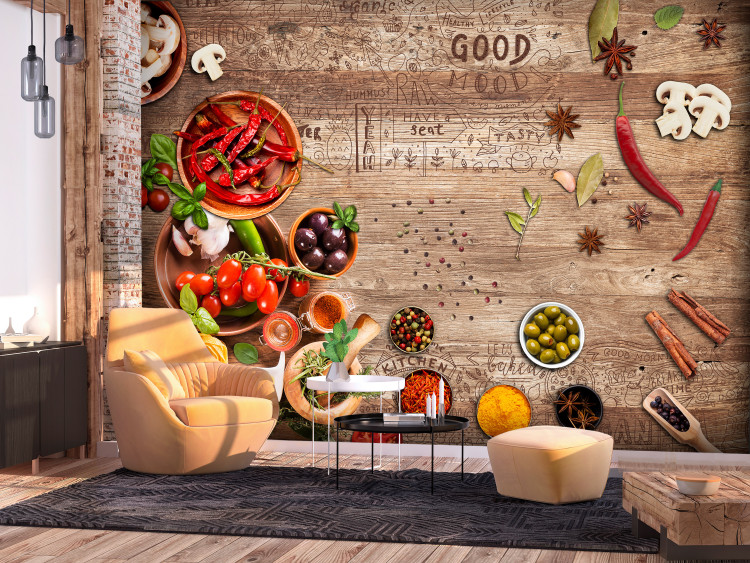 Wall Mural Culinary fusion - colourful vegetables and English lettering on a wood background 126811