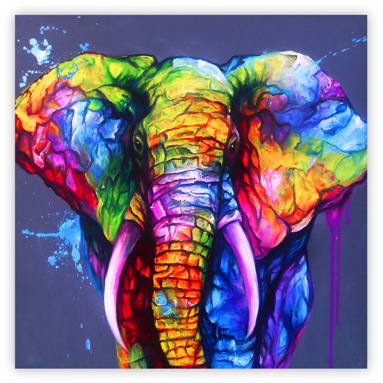Wall Poster Rainbow Trumpet - abstract large colorful elephant on a blue background 128611