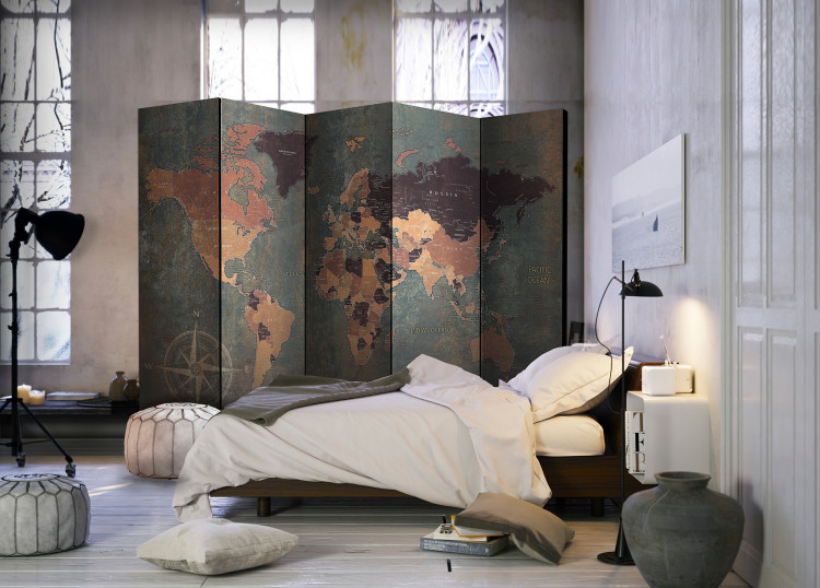 Room Divider Screen Retro World Map (5-piece) - continents and gray oceans 128811 additionalImage 2