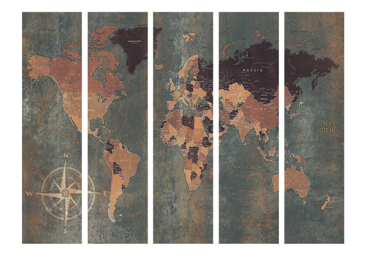 Room Divider Screen Retro World Map (5-piece) - continents and gray oceans 128811 additionalImage 3