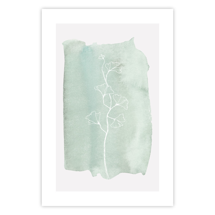 Poster Minty Ginkgo - white line art of a plant with flowers on a mint background 130811 additionalImage 25