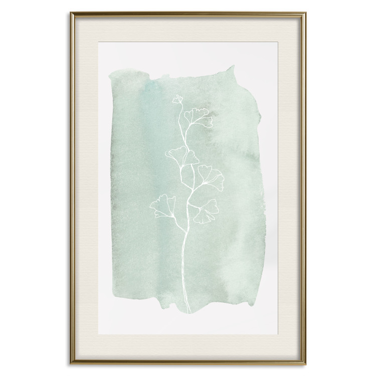Poster Minty Ginkgo - white line art of a plant with flowers on a mint background 130811 additionalImage 20