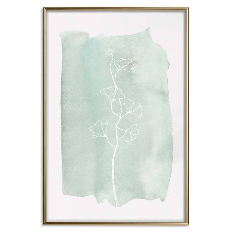 Poster Minty Ginkgo - white line art of a plant with flowers on a mint background 130811 additionalImage 21