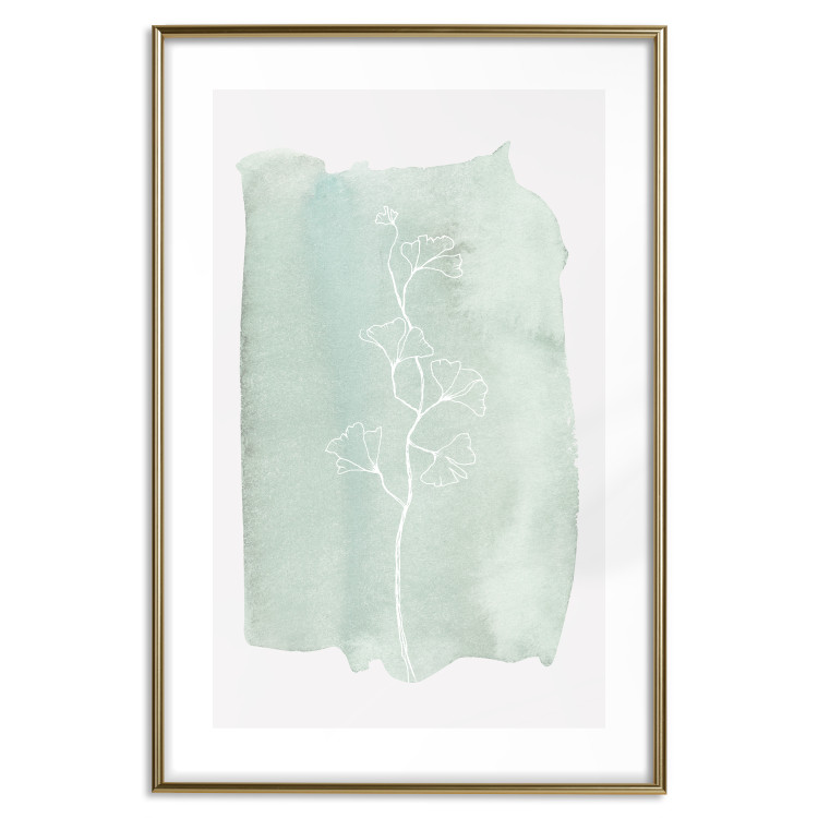 Poster Minty Ginkgo - white line art of a plant with flowers on a mint background 130811 additionalImage 16
