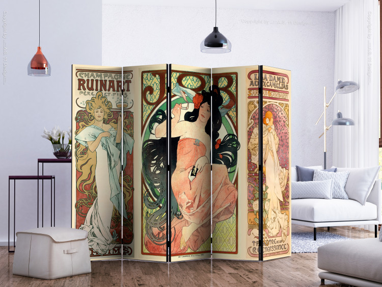 Room Divider Alphonse Mucha: Women II (5-piece) - colorful pattern with inscriptions 133311 additionalImage 2