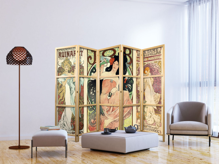 Room Divider Alphonse Mucha: Women II (5-piece) - colorful pattern with inscriptions 133311 additionalImage 6