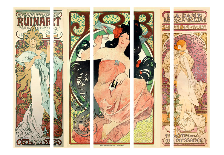 Room Divider Alphonse Mucha: Women II (5-piece) - colorful pattern with inscriptions 133311 additionalImage 3
