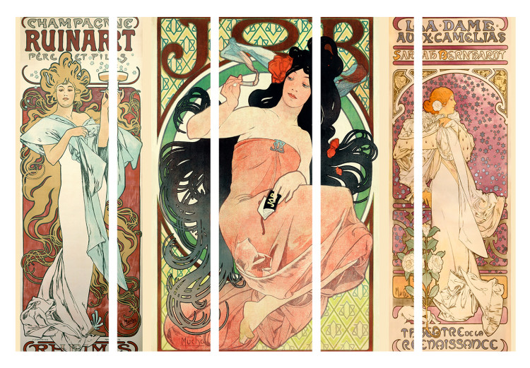Room Divider Alphonse Mucha: Women II (5-piece) - colorful pattern with inscriptions 133311 additionalImage 7