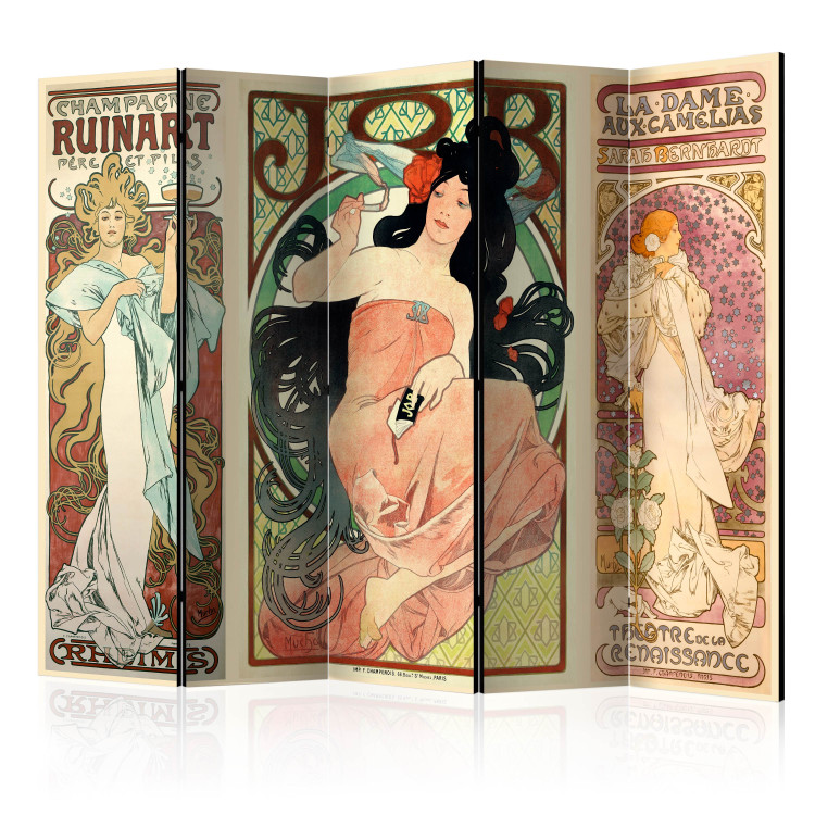 Room Divider Alphonse Mucha: Women II (5-piece) - colorful pattern with inscriptions 133311