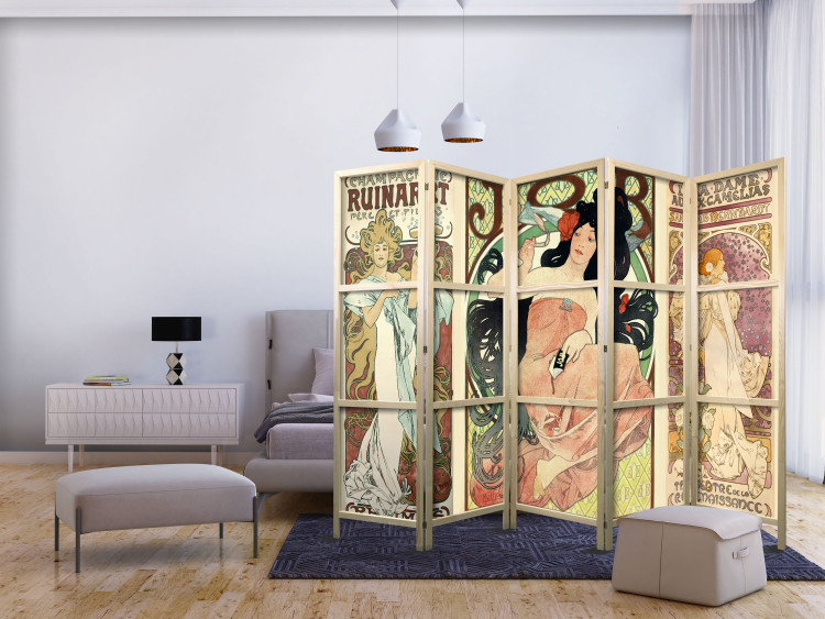 Room Divider Alphonse Mucha: Women II (5-piece) - colorful pattern with inscriptions 133311 additionalImage 8