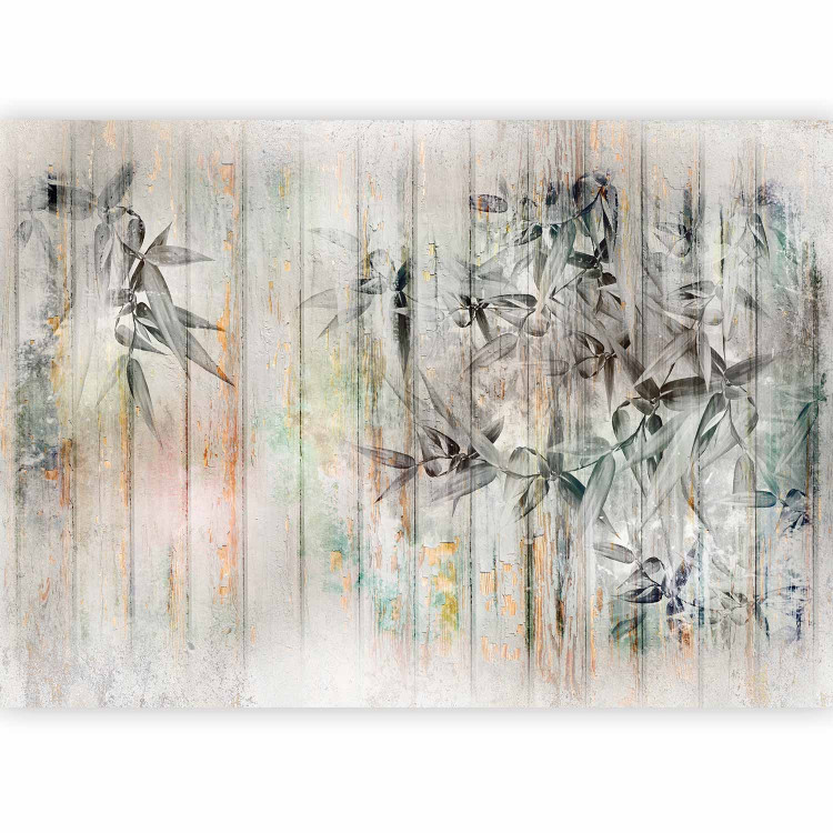 Wall Mural Descending paint - minimalist leaves on a background of wooden boards 142711 additionalImage 5
