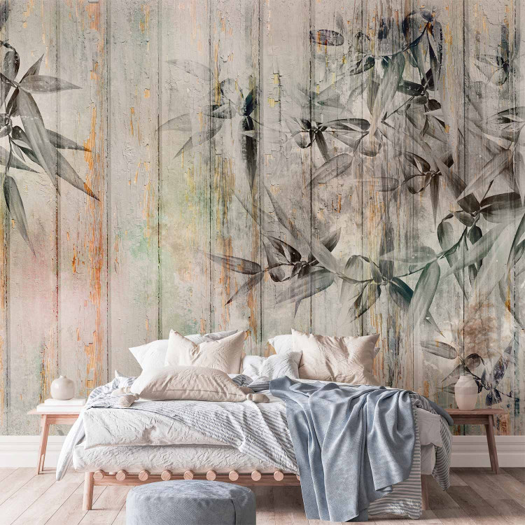 Wall Mural Descending paint - minimalist leaves on a background of wooden boards 142711 additionalImage 2