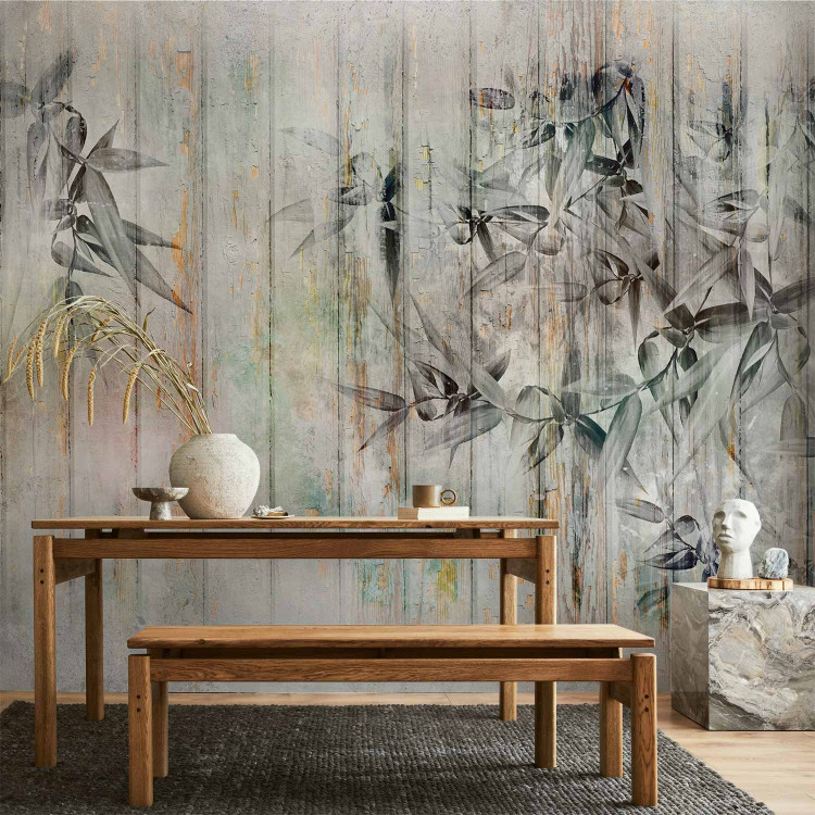 Wall Mural Descending paint - minimalist leaves on a background of wooden boards 142711 additionalImage 6