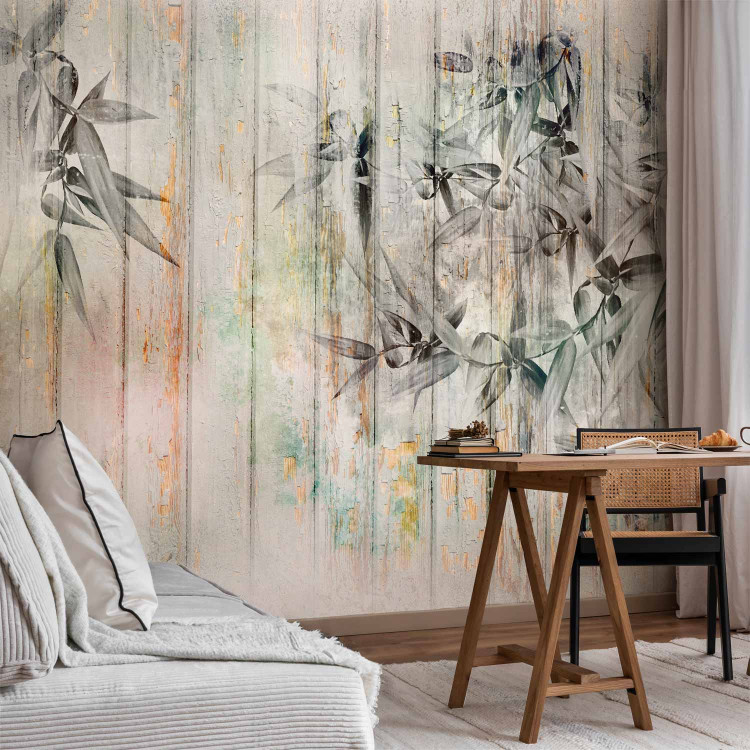Wall Mural Descending paint - minimalist leaves on a background of wooden boards 142711 additionalImage 4