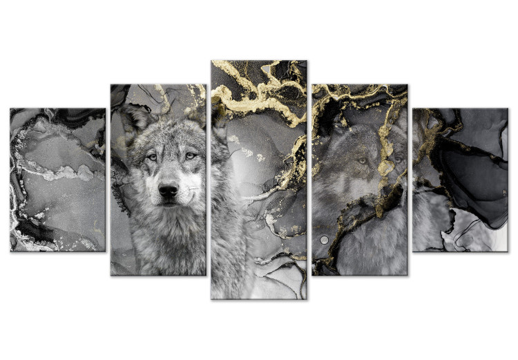 Canvas Print Wolves in Gold (5-piece) Wide - gray abstraction and animals 142811