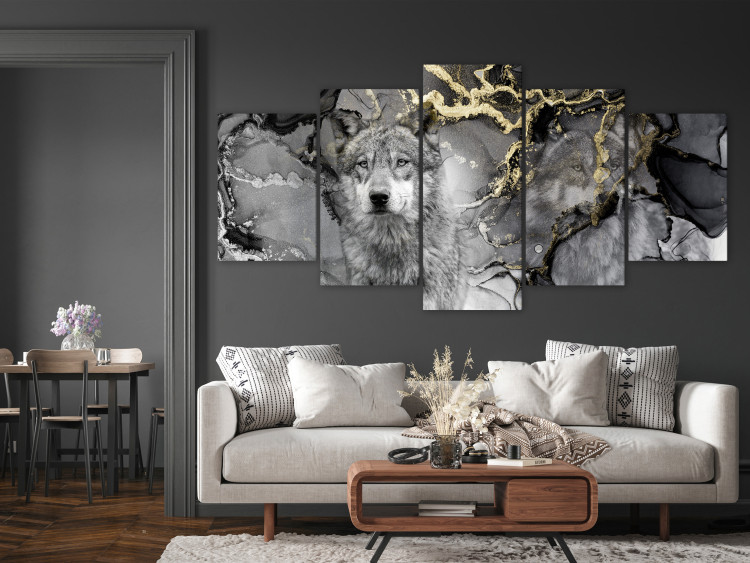 Canvas Print Wolves in Gold (5-piece) Wide - gray abstraction and animals 142811 additionalImage 3