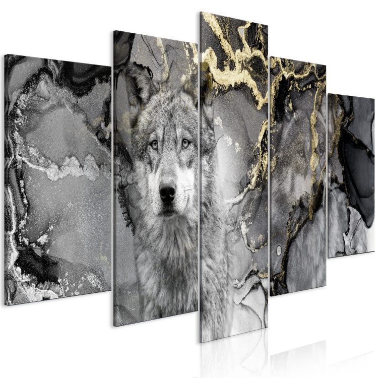 Canvas Print Wolves in Gold (5-piece) Wide - gray abstraction and animals 142811 additionalImage 2